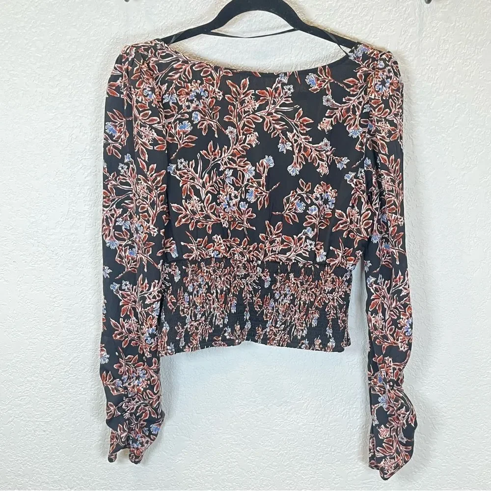 Free People Santiago Floral Cropped Smocked Boho Top in Black size Large